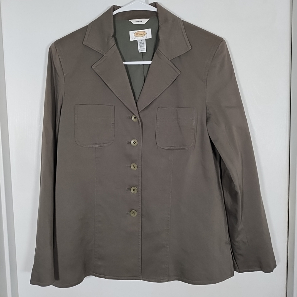 Talbots Women's Petite 4 Stretch Lined Blazer Jacket Olive Green Buttons